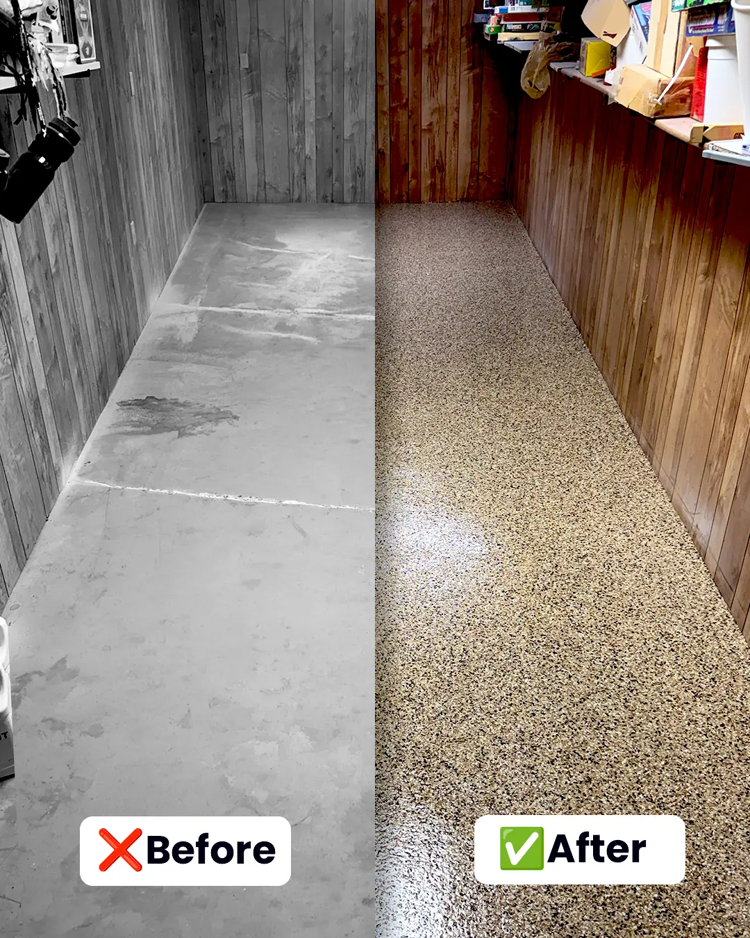 Before and after comparison of an epoxy floor coating transformation in Iowa