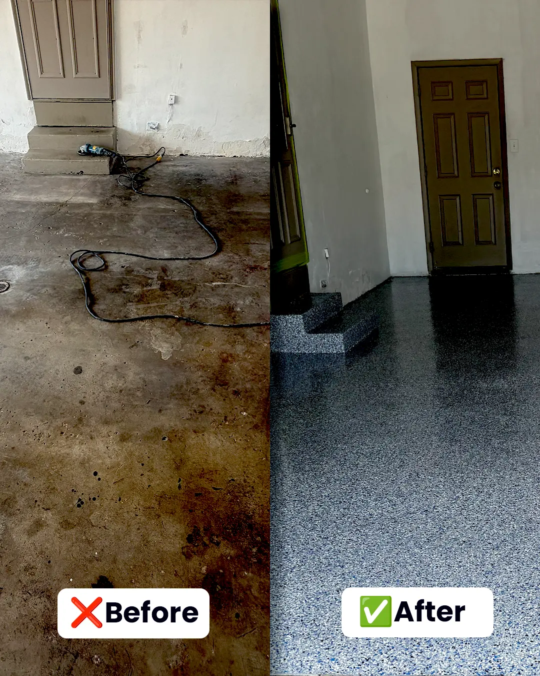 Before and after comparison of an epoxy garage floor resurfacing project in Iowa