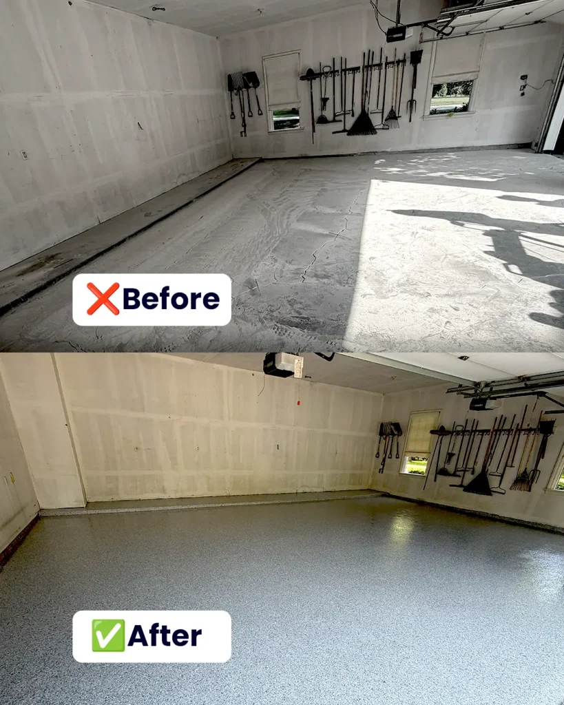 Before and after comparison of a concrete garage floor coating project in Iowa
