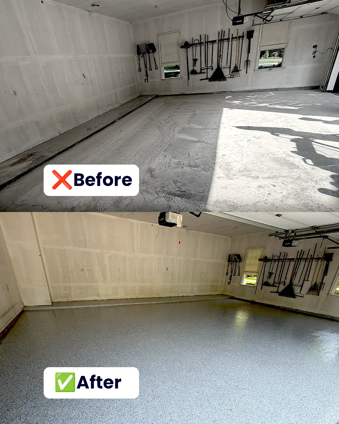 Before and after comparison of a concrete garage floor coating project in Iowa